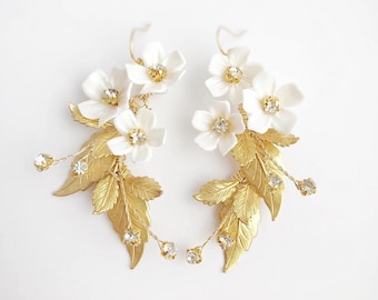 Floral Bridal Earrings, Gold Leaf, White Clay Flower Wedding Jewelry