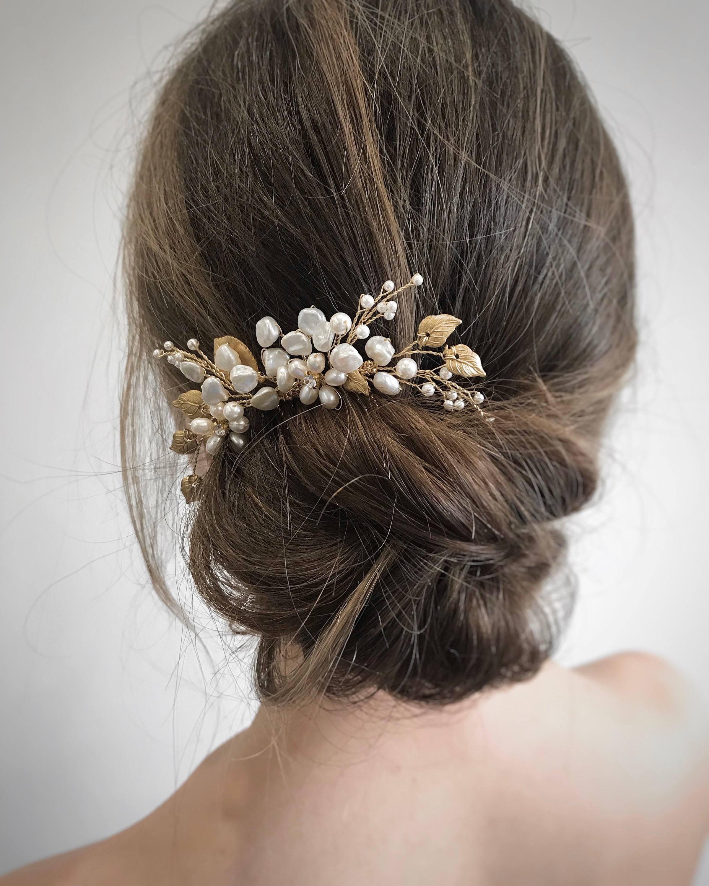 Gold Bridal Hair Comb Freshwater Pearl Crystal Headpiece Wedding Accessories 164