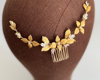 Gold Leaf Wedding Hair Comb: Rhinestone Bridal Headpiece