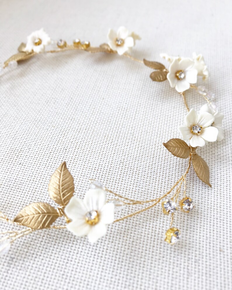 Bridal Hair Piece Gold Leaf White Flowers Crystal Wedding Etsy