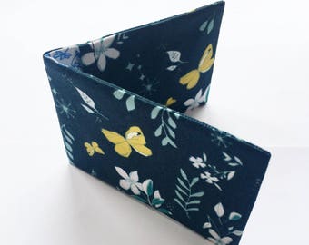 Navy Oyster Card Holder / Business Card Holder/ Credit Card Wallet/ With Yellow and Cream Print of flowers and butterflies