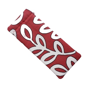 Red Scandinavian Glasses Case: Leaf Print Cotton Eyewear Holder