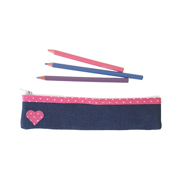 Small Recycled Denim Pencil Case - With Pink Polka Dot Lining and Matching Heart