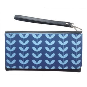 Grand sac à main de style scandinave | Portefeuille bleu marine pour femme | Porte-monnaie en similicuir à imprimé de feuilles et pochette pour pièce de monnaie | Peut servir de petit sac à bandoulière