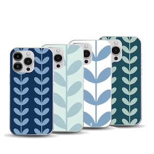 May include: Four phone cases with leaf patterns in shades of blue and green. The cases have a glossy finish and a modern design. The leaf patterns are arranged vertically, creating a repeating motif. The cases are for a smartphone.
