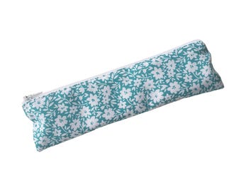 Slim Floral Pencil Case | Teal Green Cotton Zip Pouch |  Gift for Her