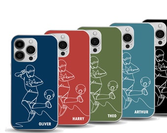 May include: Five phone cases with different colors and names. Each case features a white line drawing of a person juggling a soccer ball. The names on the cases are Oliver, Harry, Theo, Arthur, and a fifth case with an unreadable name.