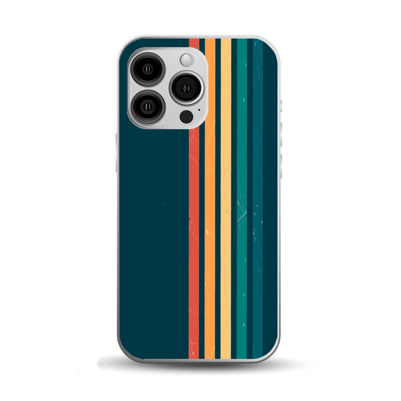Pode incluir: Uma capa de telefone com fundo azul escuro e listras verticais em tons de vermelho, laranja, amarelo e verde.