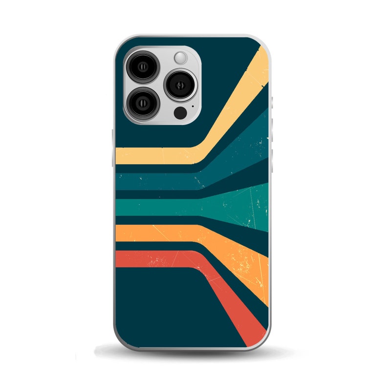 Pode incluir: Uma capa transparente para telefone com um design de estilo retro que apresenta listras coloridas e um visual desbotado e desgastado. A capa tem um fundo azul escuro com listras amarelas, laranja, vermelhas e verdes.
