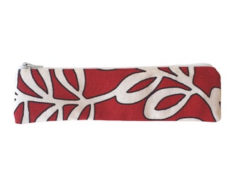 Red, Scandinavian Leaf, Slim Pencil Case / Small Fabric Pencil Case