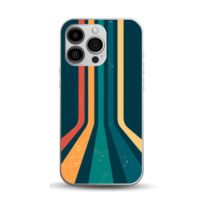 Pode incluir: Uma capa de telefone com um design retro que apresenta listras coloridas em um fundo azul escuro.