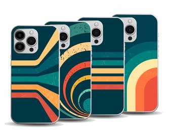 Pode incluir: Quatro capas para telemóvel com um design retro que apresenta riscas e círculos coloridos sobre um fundo azul escuro.