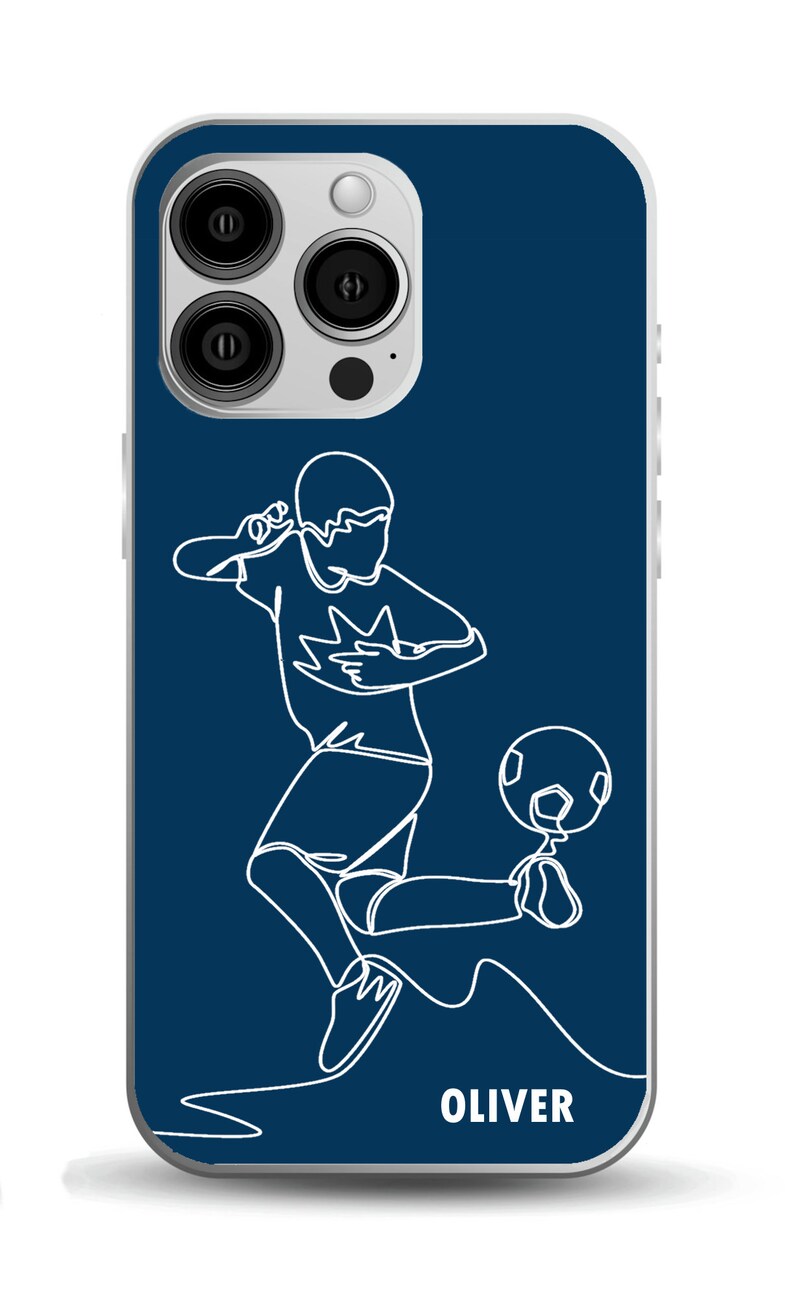 Personligt fotbollsfodral för pojkar | iPhone och Samsung Galaxy | Linjeritningsdesign med fotboll Blå