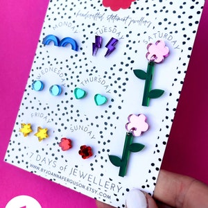 Rainbow Acrylic '7 Days of Jewellery' Earring Pack | Rainbow Micro Studs | Daisy Drop earrings | Micro Studs | Birthday Gift for Her