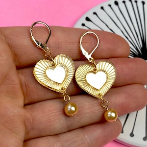 Valentines “Art Deco Love Heart” Laser Cut Acrylic & Pearl Drop Earrings | Heart Earrings | Valentines Gift for her | Lever Back Earrings