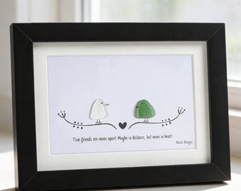 Sea Glass Art - True Friends Are Never Apart | Long Distance Gift | Heart Keepsake Art