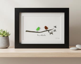 Lovebirds Sea Glass Art | Framed Anniversary Gift, Coastal Decor