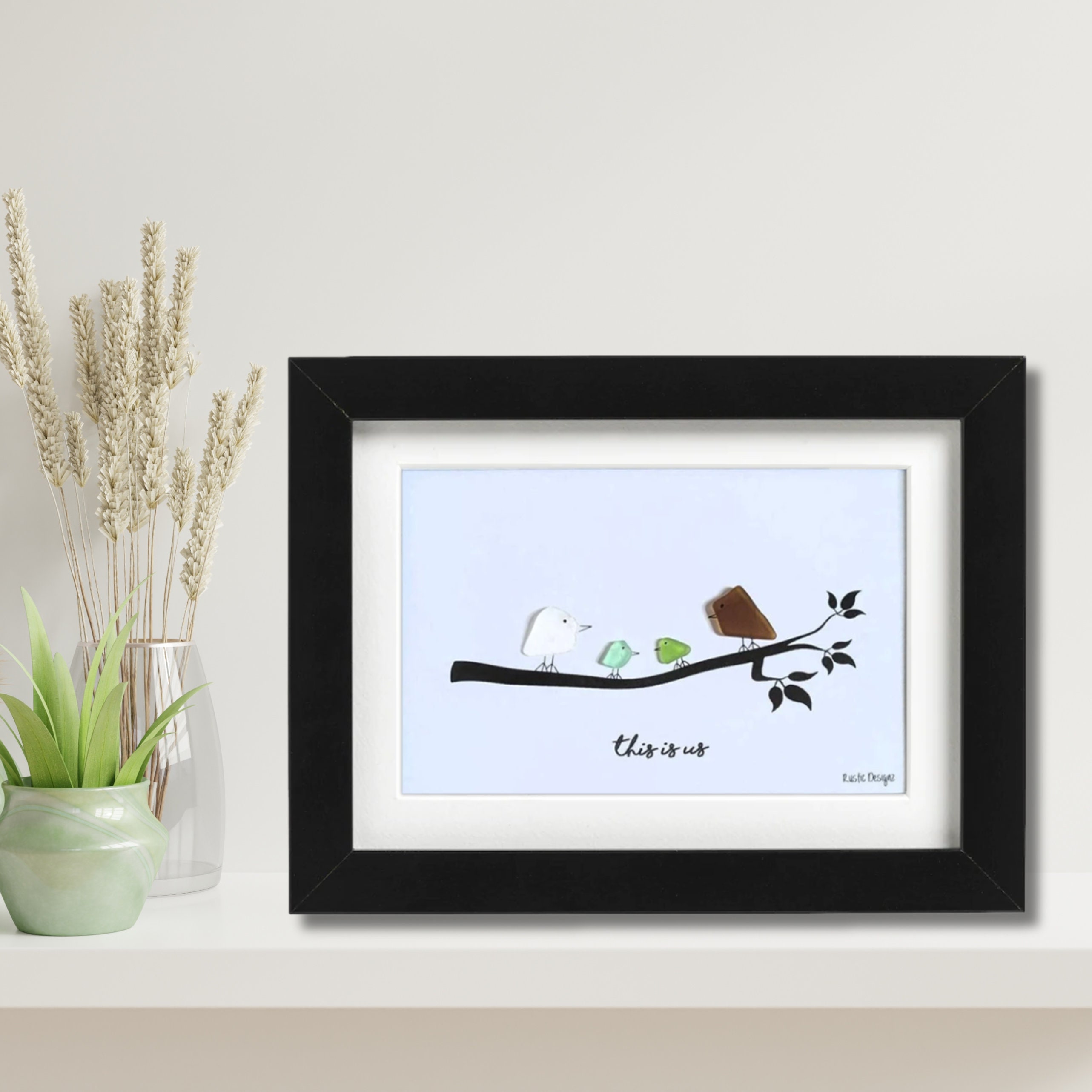 This is Us Family of Four Birds Design - Sea Glass Art Frame