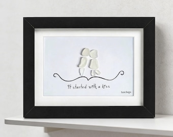 Handmade Sea Glass Art – "It Started with a Kiss" Anniversary Gift (8x6 inches)