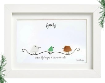 Family of Three Where Life Begins & Love Never Ends Sea Glass Art Frame