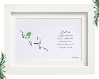 FRAMED Bird's Sisters Sea Glass Art Picture | Custom Gift