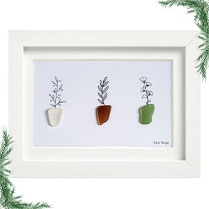 Sea Glass Art - Cute Plants in Pots  | Beach Glass Minimalist Wall Decor