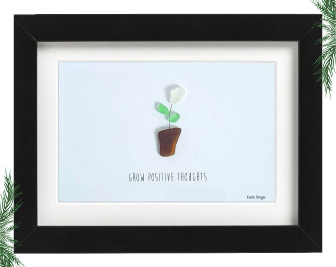 FRAMED Flower Grow Positive Thoughts Sea Glass Art | Mindfulness art | Meditation | Beach Glass Art