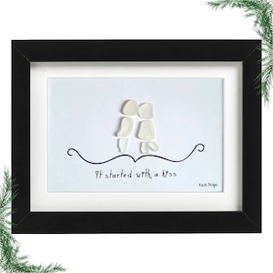 Sea Glass Art - It Started with a Kiss – Anniversary Gift for Couples, Romantic Gift for Loved One, Handmade Beach Glass Decor