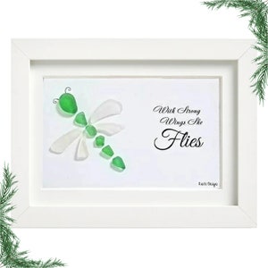 Dragonfly Sea Glass Frame – ‘With Strong Wings She Flies’ Inspirational Quote | Gift for Her, Women, or Friend