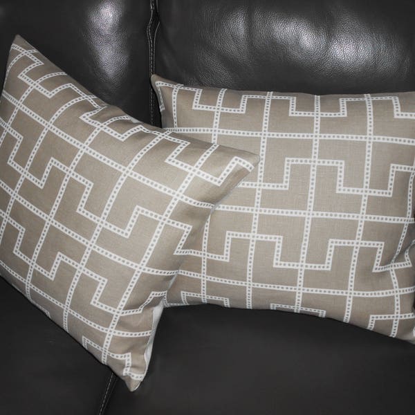 Schumacher THROW PILLOWS printed linen Bleecker Celerie Kemble collection geometric design tan white colors Custom made new PAIR