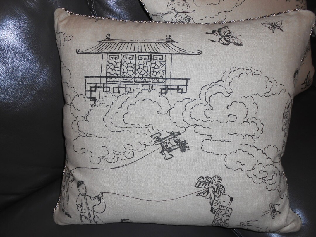 Nina Campbell Osborne Little Throw Pillow Covers Manchu Toile Printed  Linen Fabric Black on Linen Custom New PAIR
