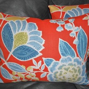 THIBAUT Throw Pillows printed linen SULU blue orange white colors Floral Custom new PAIR