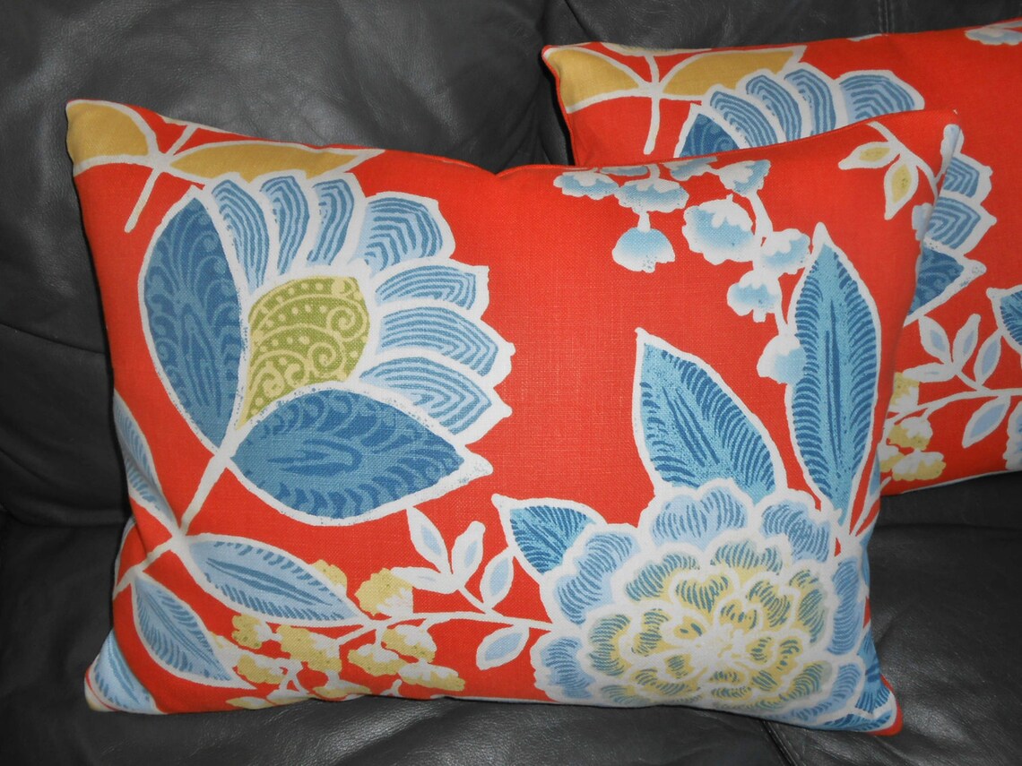 Throw Pillows THIBAUT Printed Linen Blue Orange White Floral Etsy