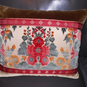 Throw pillow vintage European antique silk cotton cut VELVET fabric rich floral damask design red, green, golden tones flat trim Custom ONE