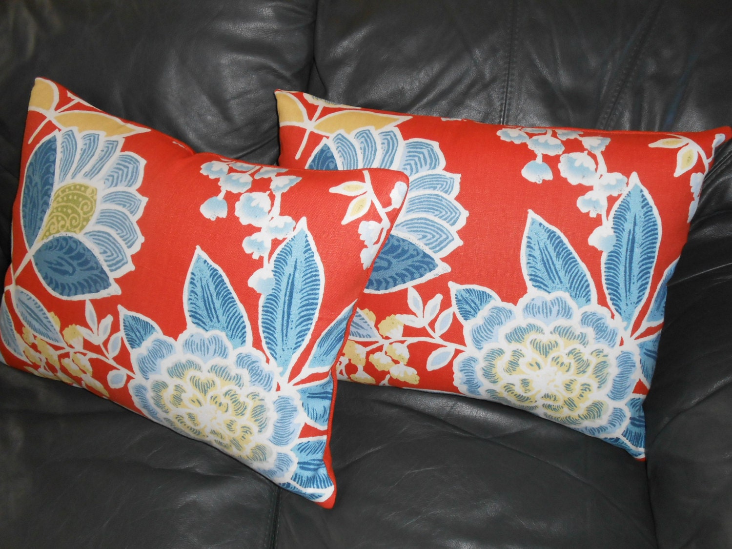 Throw Pillows THIBAUT Printed Linen Blue Orange White Floral Etsy