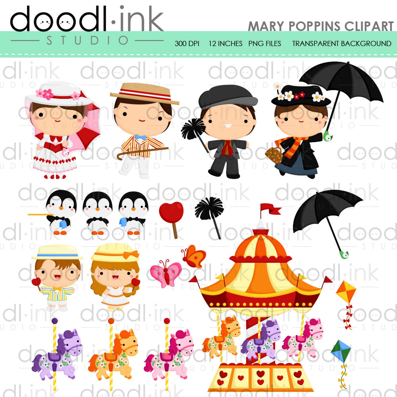 Mary Poppins Digital Clipart / Carousel Cute Cartoon Clip Art | Etsy