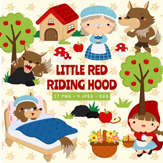Cute Little Red Riding Hood Digital Clipart Girl Wolf Clip Etsy