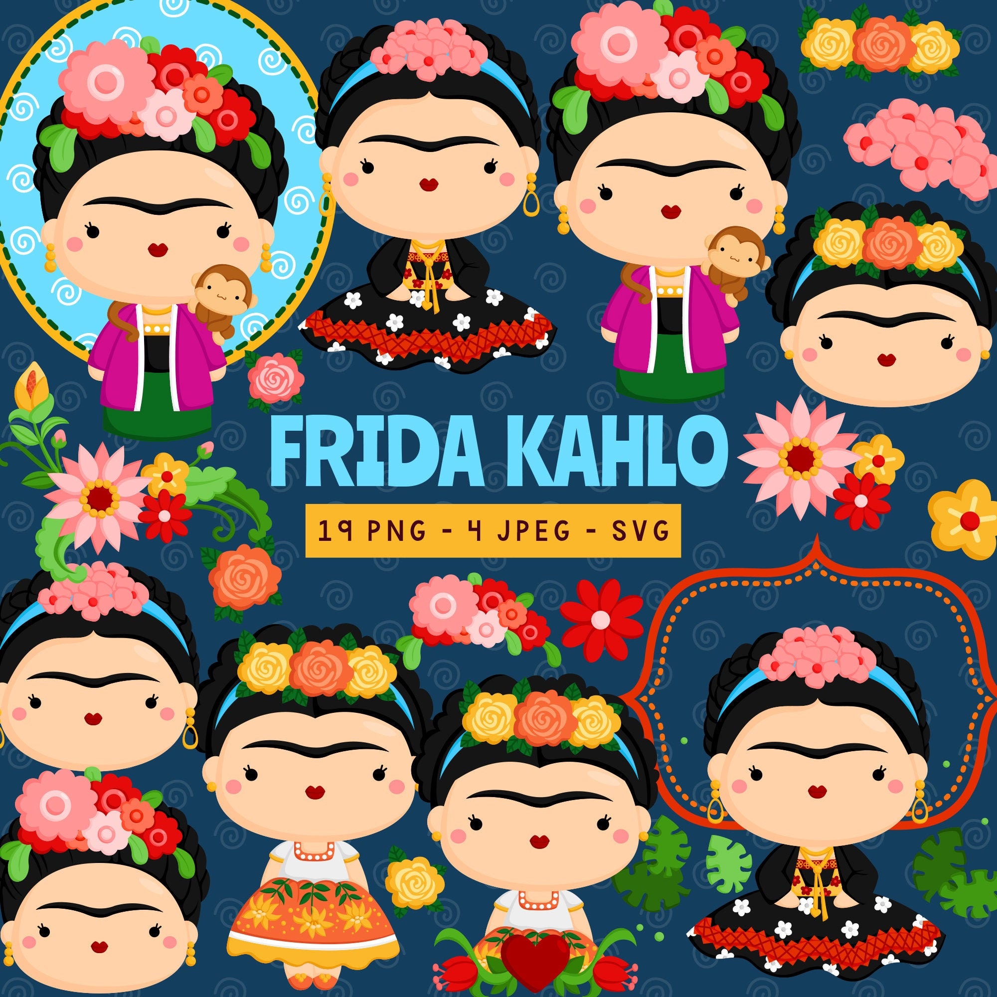 Download Frida Kahlo Clipart Mexican Painter Cute Cartoon Clip Art Etsy