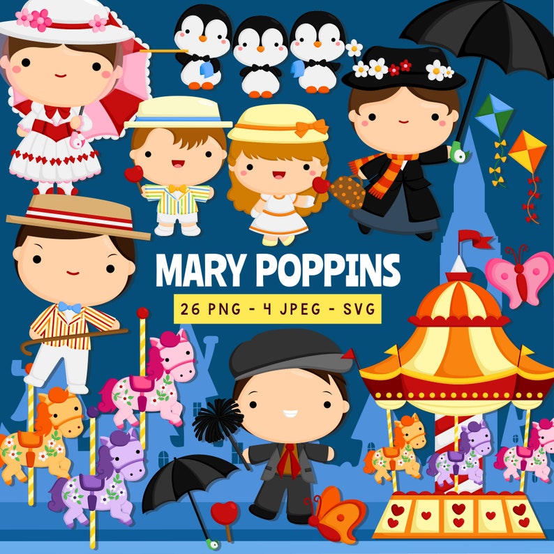 Mary Poppins Digital Clipart / Carousel Cute Cartoon Clip Art | Etsy