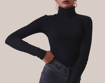 Black Long Sleeve Turtle Neck Top Women's UK - 100% Organic Cotton