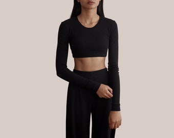 Schwarzes Langarm-Crop-Top Damen UK - 100% Bio-Baumwolle