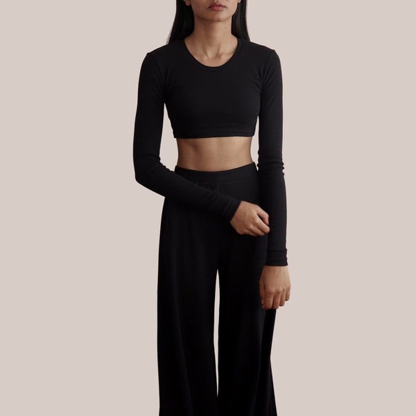 Black Long Sleeve Crop Top Women's UK - 100% Organic Cotton