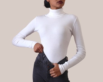 White Long Sleeve Turtle Neck Top Women s UK 100 Organic Cotton Etsy