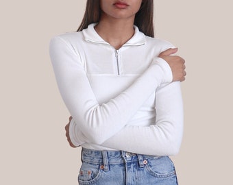 White Long Sleeve Zipper Top Women's UK - 100% Organic Cotton