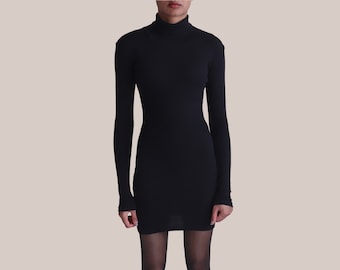 Black Turtle Neck Mini Dress Women's UK - 100% Organic Cotton