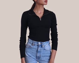 Black Long Sleeve Zipper Top Women's UK - 100% Organic Cotton