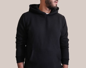 Black Pullover Hoodie with Kangaroo Pocket Mens's UK - 100% Organic Cotton