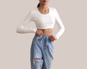 White Long Sleeve Crop T-Shirt Women's UK - 100% Organic Cotton