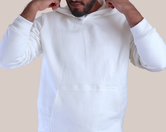 White Pullover Hoodie with Kangaroo Pocket Mens's UK - 100% Organic Cotton