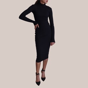 May include: A black long-sleeved midi dress with a turtleneck and fitted silhouette.